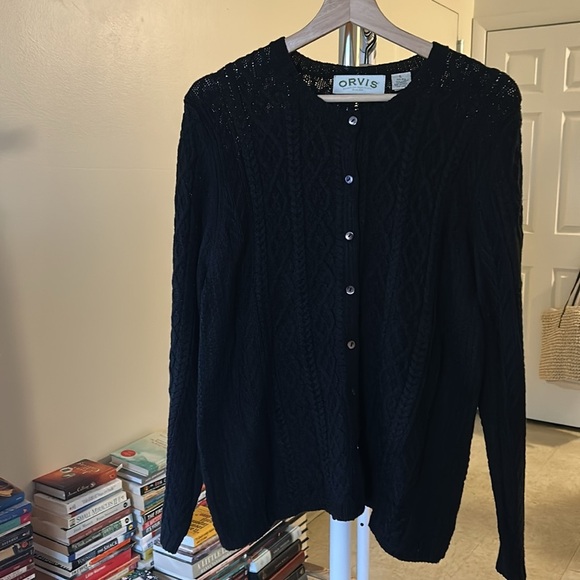 Orvis  Silk -Linen Black Cardigan Sweater Size Large - Picture 1 of 8
